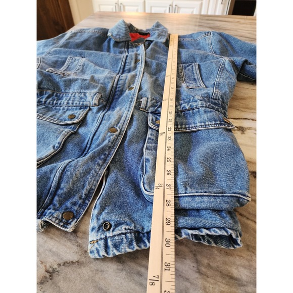 Vintage 80s Yearbook Denim Jacket Oversized Utility‎ Pockets Red Lined Medium - Picture 12 of 12